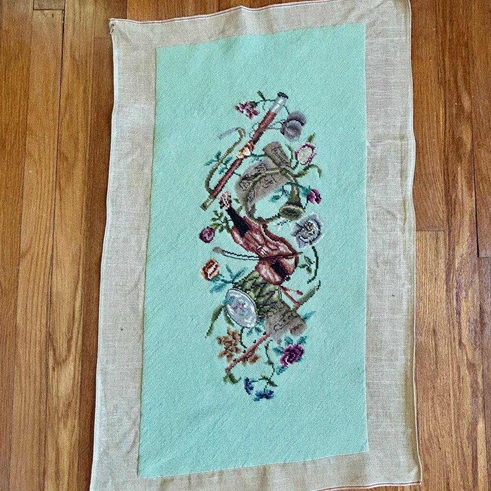 Vintage Finished Needlepoint with Music Violin and Floral Garland Design